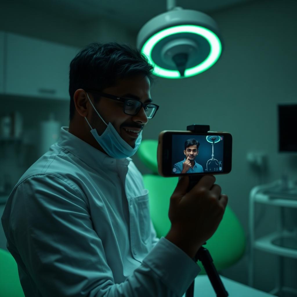 Dentist recording patient education content for social media